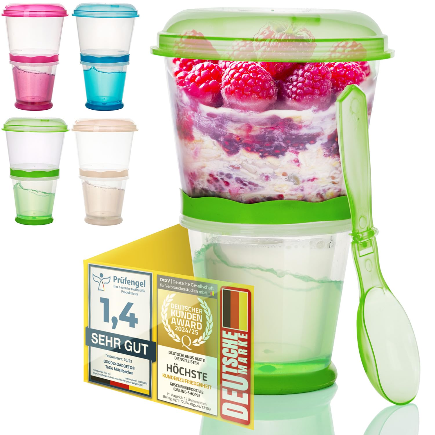 GOODS+GADGETS Muesli To-Go Muesli Mug for On-the-go 2-Go Muesli Travel Mug with Insulated Milk Cooler Compartment & Folding Spoon with Tight Lid for Work, University, Travel, Picnic and More (Green)