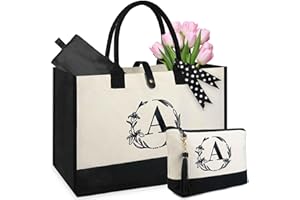BeeGreen Personalized Gifts for Friends Female Sisters Initial Tote Bag for Women with Makeup Bag Canvas Beach Tote Bag (Letter A)
