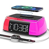 Alarm Clock with Wireless Charging, Digital Loud Alarm Clock with Sound Machine, Night Light, Bluetooth Speaker, Dimmable Bedside Clock Charger Station for iPhones Heavy Sleepers Adults Teens Bedrooms