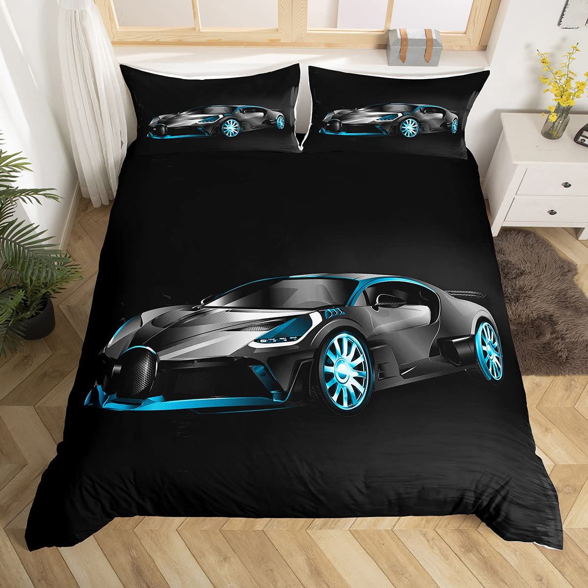 Loussiesd Racing Car Bedding Set for Boys Kids Teens Men Extreme Speed Sports Themed Comforter Cover Competition Bedroom Decor Single Size 3 Pcs (1 Duvet Cover +1 Pillow Shams), Luxury Black