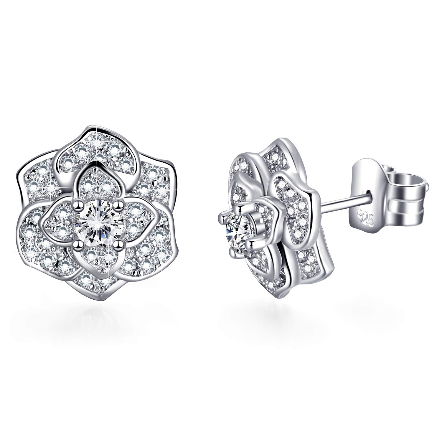 Van Chloe Women 925 Sterling Silver Love Rose Flower Stud Earrings White Gold Plated CZ Diamond Earrings Studs for Women Girls
