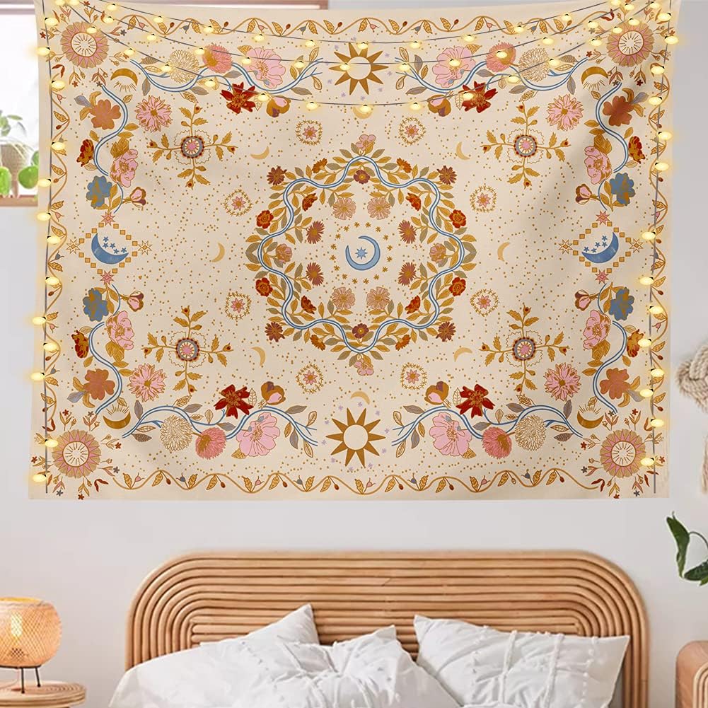 Tapestries - TTYQXZ Wall Tapestry Bohemian - Floral Vine Wall Hanging Celestial Sun Moon and Star Tapestries Hippie Home Decor Boho Tapestry for Bedroom Aesthetic (Cream, Medium (50ʺx 60ʺ))