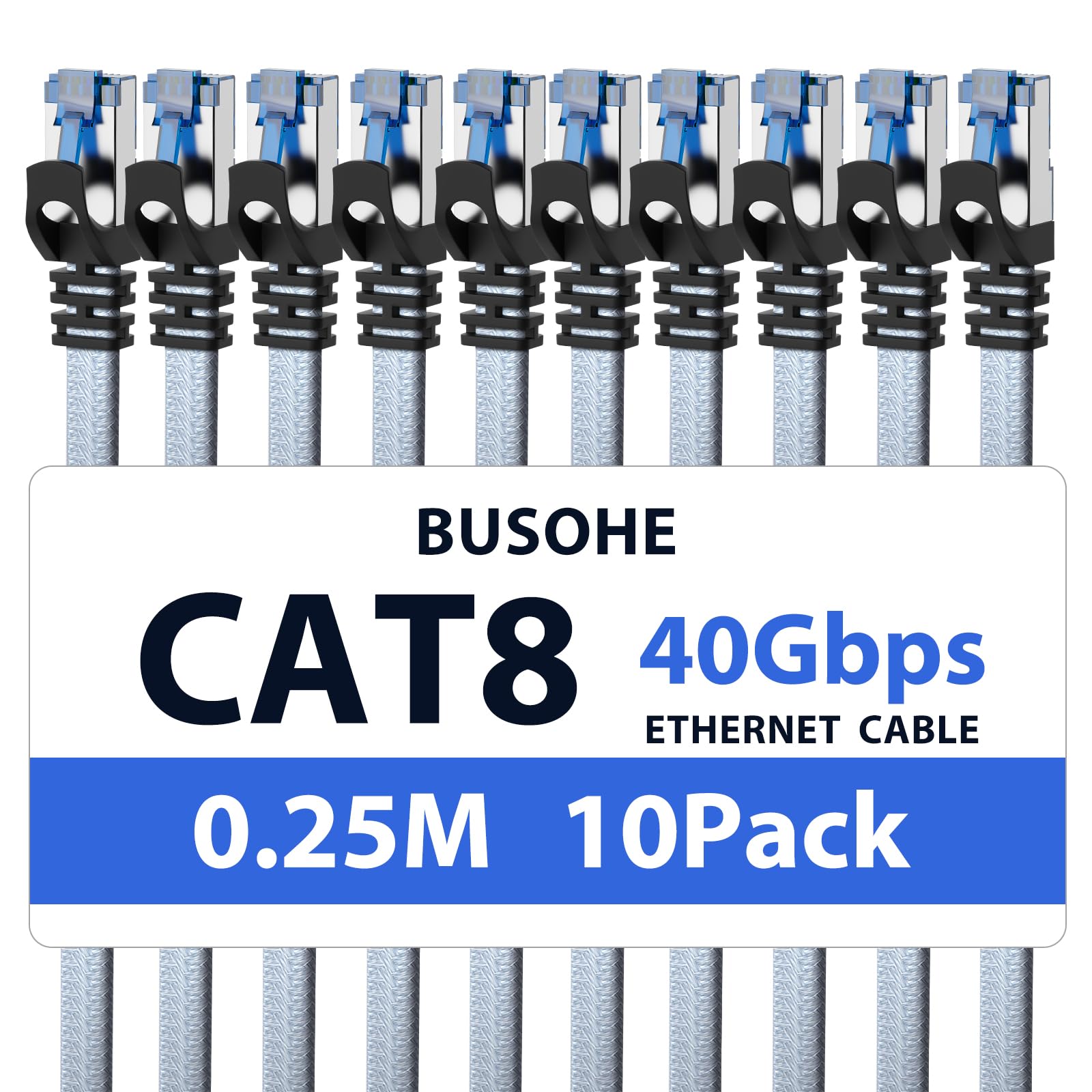 BUSOHE Cat 8 Ethernet Cable 0.25m (10 Pack), High-Speed 40Gbps 2000MHz Network Cable Braided Flat Gigabit RJ45 STP Shielded Internet Lan Cable Cord Compatible with PC, Laptop, Routers, Modem