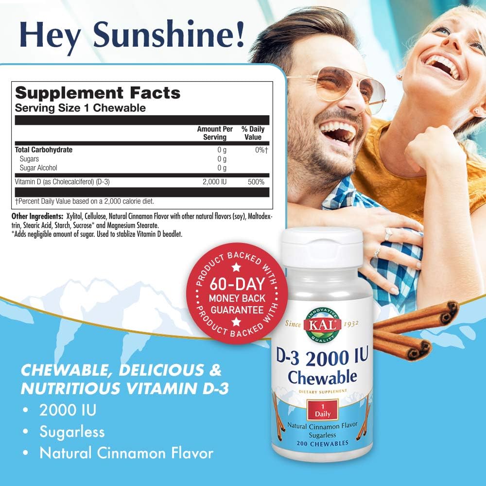 KAL D-3 2000 IU Sugarless Chewable Cinnamon, 200 Count: Health & Personal Care