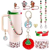 WINOWIMO 8 Pcs Christmas Accessories Set for Stanley Cup 30&40 Oz, Silicone Tree Boot Straw Covers Pom-Pom Charm Snowman Charm Water Bottle Handle, Christmas Decor Gifts for Girls Women