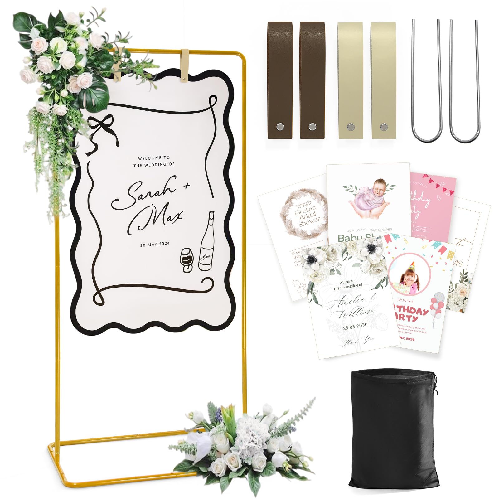 Photo 1 of Wedding Welcome Sign Stand, Welcome to our Wedding Sign Holder, Gold Easel Stand for Sign Poster With Design Bundle & Ground Stakes & Leather Sign Hanging Straps, Linen Sign Stand for Wedding Decor