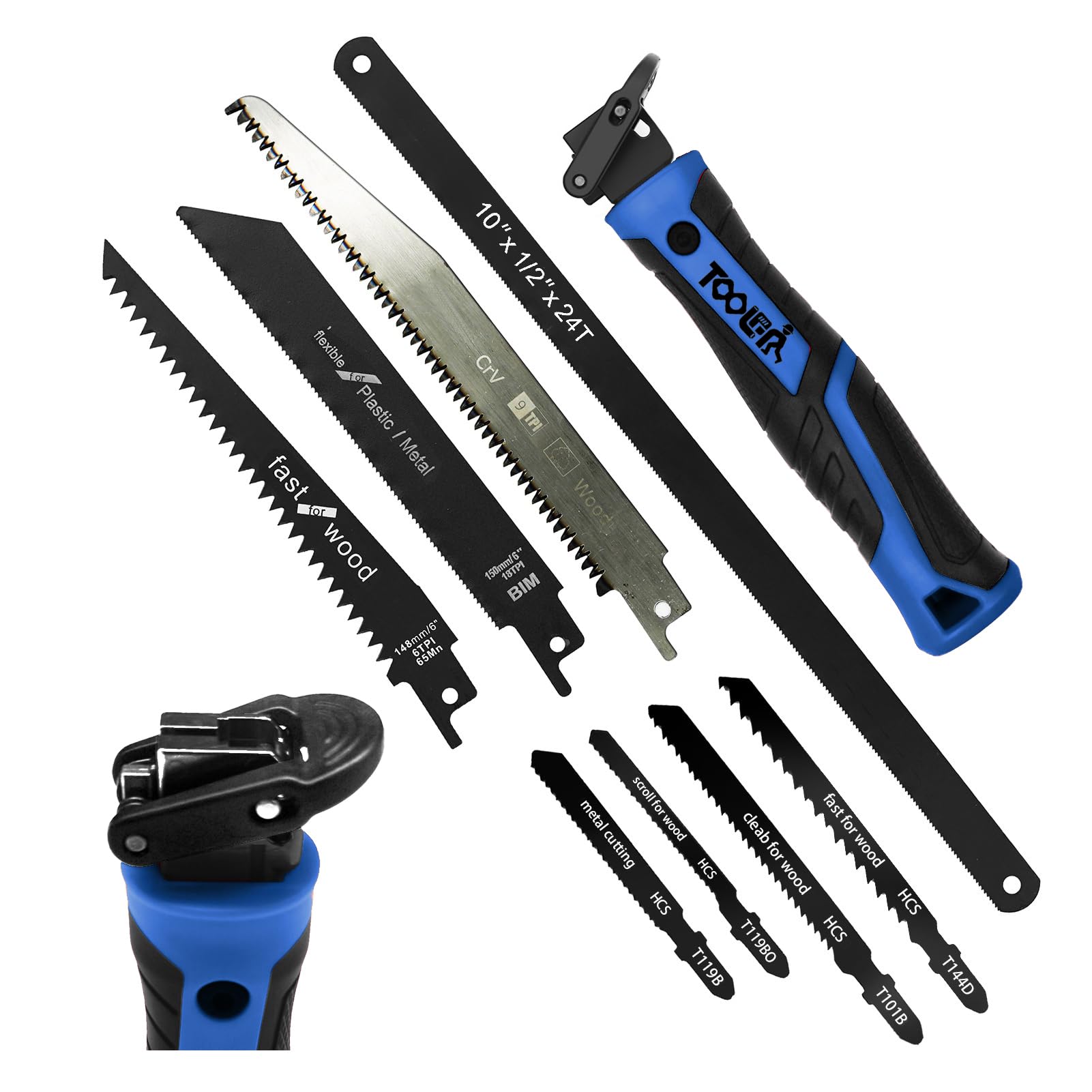 Photo 1 of 8-In-1 Multi Blades Hand Saw, Drywall Cutter. Hacksaw. Long Blade, Jab Saw, For Cutting Drywall, Sheetrock, Wood, Metel, Plastic, Plywood. Blade Quick Change Mechanism. Blue Handle