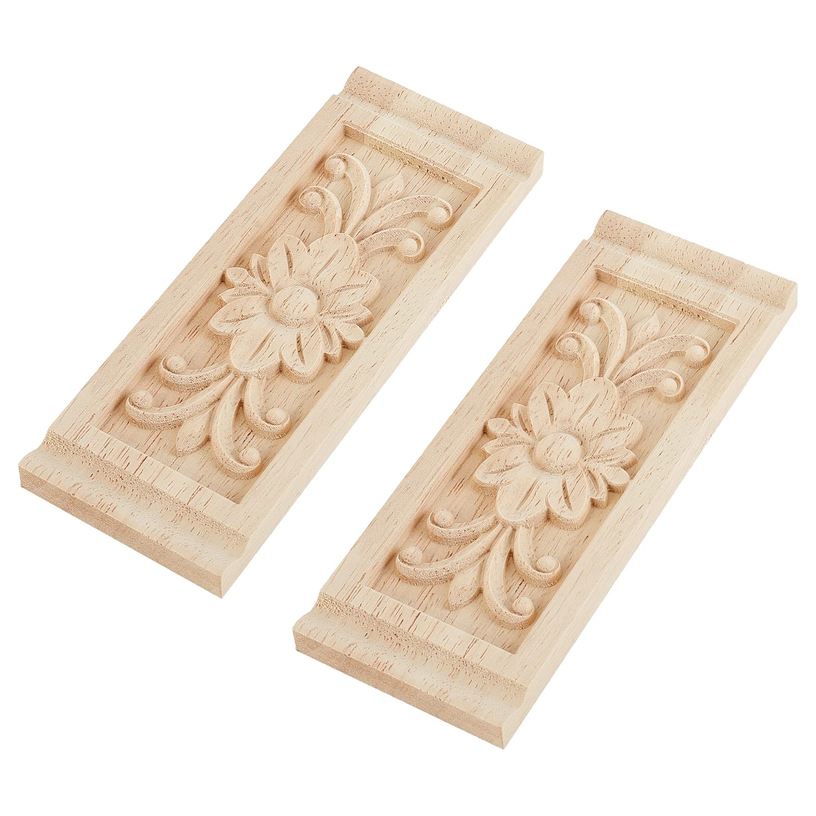 SUPERFINDINGS 2pcs 160x60x9.5mm Rectangle Wood Carved Applique Frame Onlay Flower Wood Carved Decal Unpainted Furniture Decoration for Home Door Cabinet
