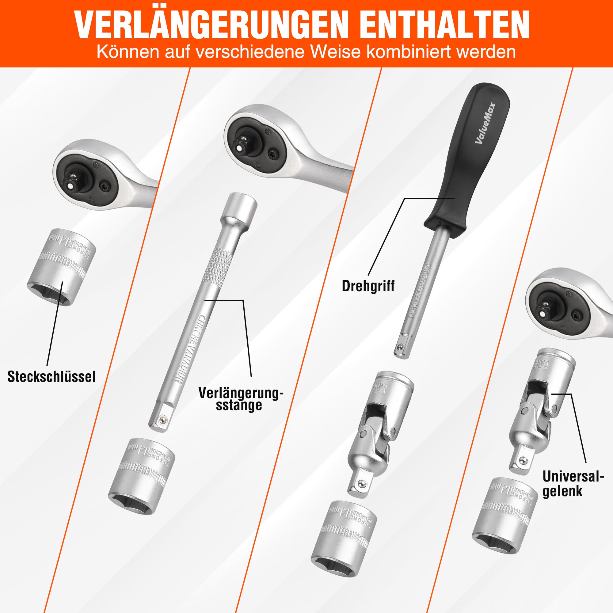 ValueMax Steckschlüsselsatz 46tlg. Cr-V Stahl Steckschlüssel mit 1/4" Umschaltknarre, Steckschlüssel, Bitsatz, Steckschlüsseleinsätze, Werkzeugkoffer 5