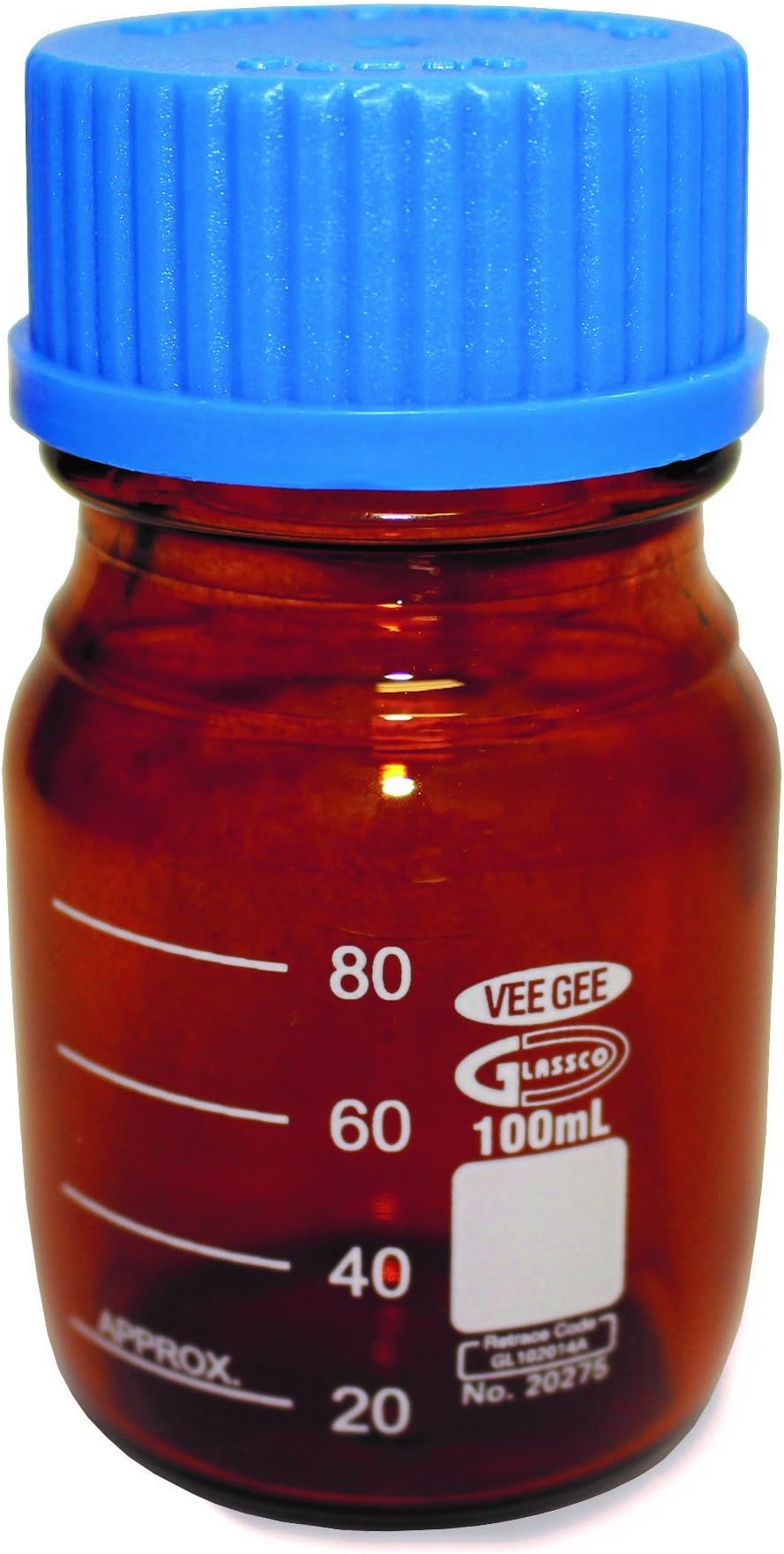 Vee Gee Scientific 20275-100 Amber Media Bottles with GL-45 Blue Cap with Pouring Ring, 100 mm Height, 50 mm Wide, 50 mm Length, Borosilicate Glass, 100 mL (Pack of 10)