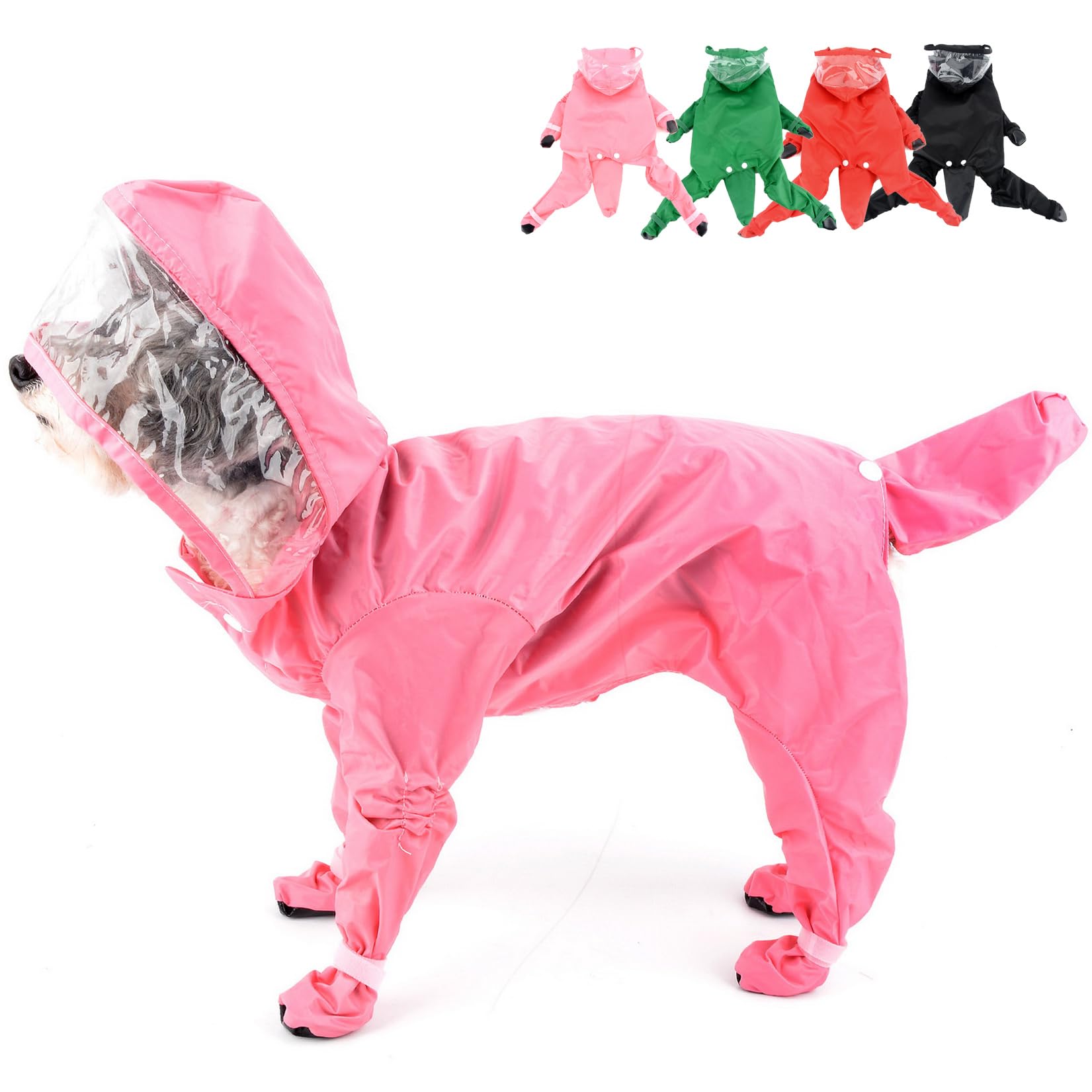 Photo 1 of (MED/LARGE) (BAGGED) Zunea Waterproof Dog Raincoat with Hood for Small Dogs Rain Poncho Jumpsuit with Rain Boots Puppy Hooded Slicker Rainwear Four-Legged Pet Rain Jacket for Walking Pink M