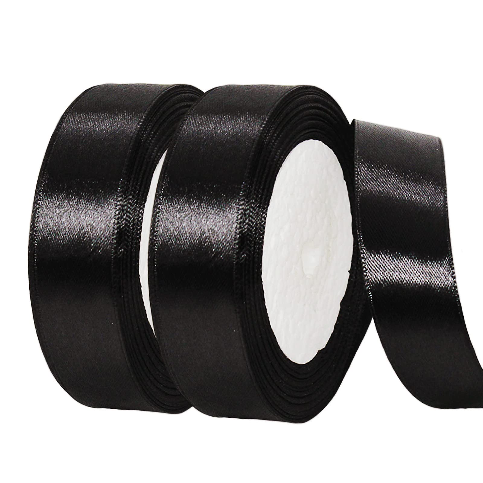 2 x 25mm Wide Black Ribbon Thick Halloween Ribbon for Gift Wrapping 22m, 1 inch Thick Black Satin Ribbon for Halloween Cake Wrapping Wedding Hair Bow Bouquet Crafts Decorations