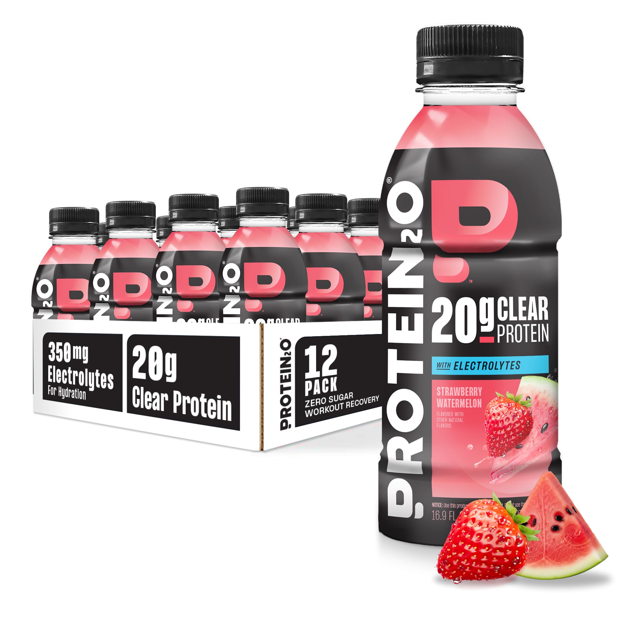 View 1 of ***By 7/27*** Protein2o Hydration Drink - 2-in-1 Liquid Clear Whey Protein Isolate and Electrolyte Drink - 20g Protein, Vitamins B5, B6 - Post-Workout Recovery - 16.9 Fl Oz - 12 Count Strawberry Watermelon