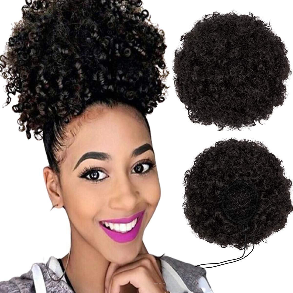 Synthetic Afro Puff Drawstring Ponytail Short Kinky Curly Hair Bun Extension Donut Chignon Hairpieces Wig Updo Clip in Bun Ponytail Extensions Large Size