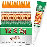 WOUSEDO 12 X 3g Super Glue Clear, Fast Drying Cyanoacrylate(CA) Glue | Strong Adhesive for Wood,Rubber,Leather, Plastic, Metal, Rhinestone Jewelry, DIY Crafts and More