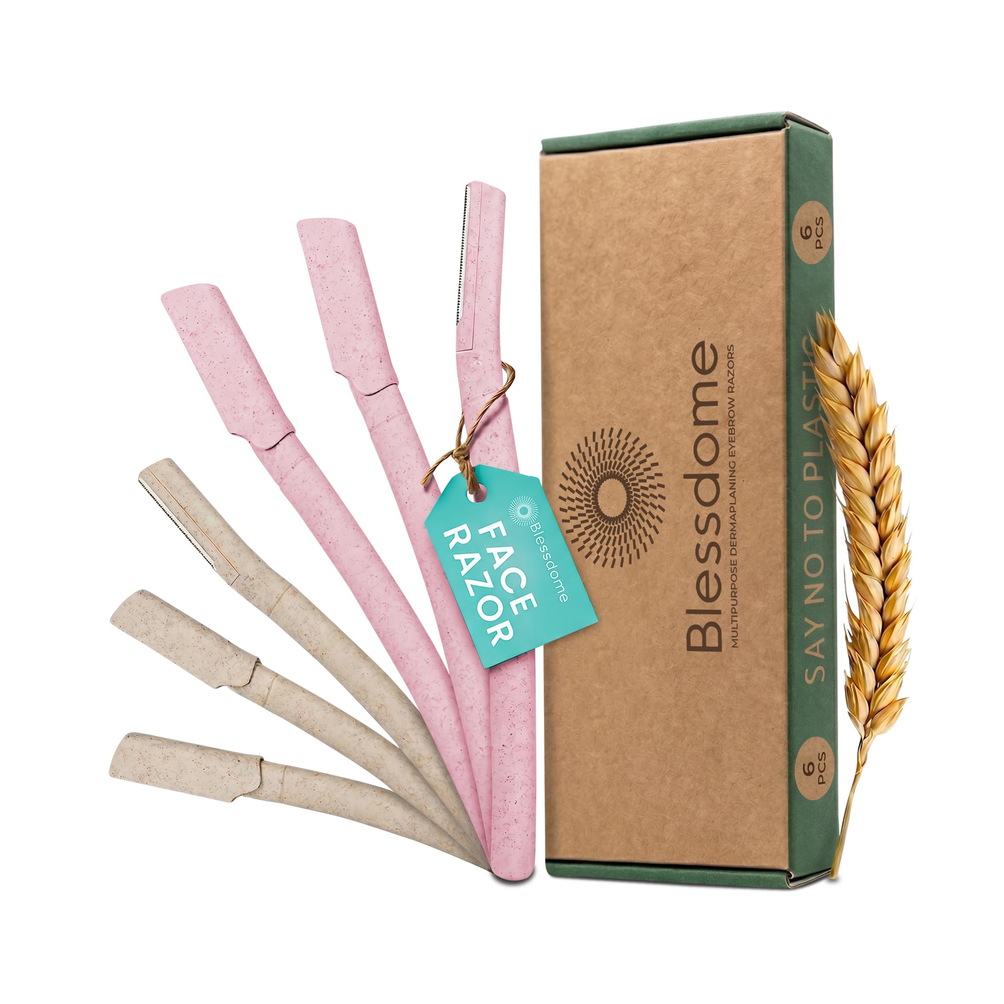 BLESSDOME 6Pcs Biodegrable Wheat Straw Dermaplaning Blades for Face - Peach Fuzz Eyebrow Razor Shaper | Exfloating Dermaplane Hair Removal Tool - Eco Friendly Plastic Free Dermaplane Eyebrow Razors
