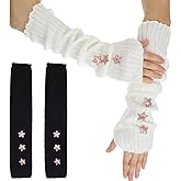 Bremorou 2 Pairs Arm Warmers Women Fashion Gloves Fingerless Winter Women's Long Fingerless Gloves Stretch Knit Arm Warmers Y2K Style Cute Goth Emo Arms Warmer with Thumb Hole for Women Black White