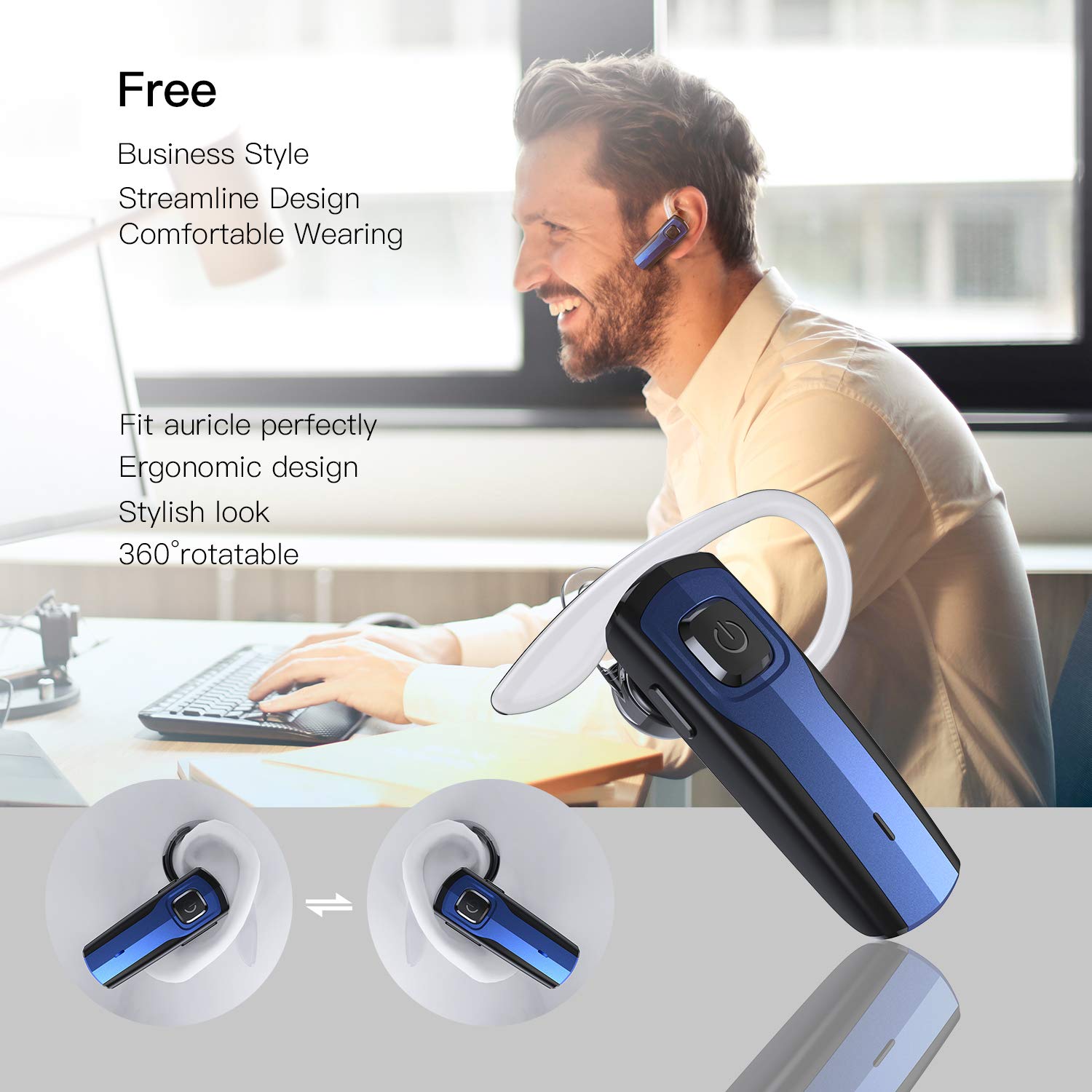 Bluetooth Headset,Hands Free Wireless Earpiece with Mic - Noise Reduction Bluetooth Earphone in-Ear Earbuds for Business/Office/Driving Support for iPhone