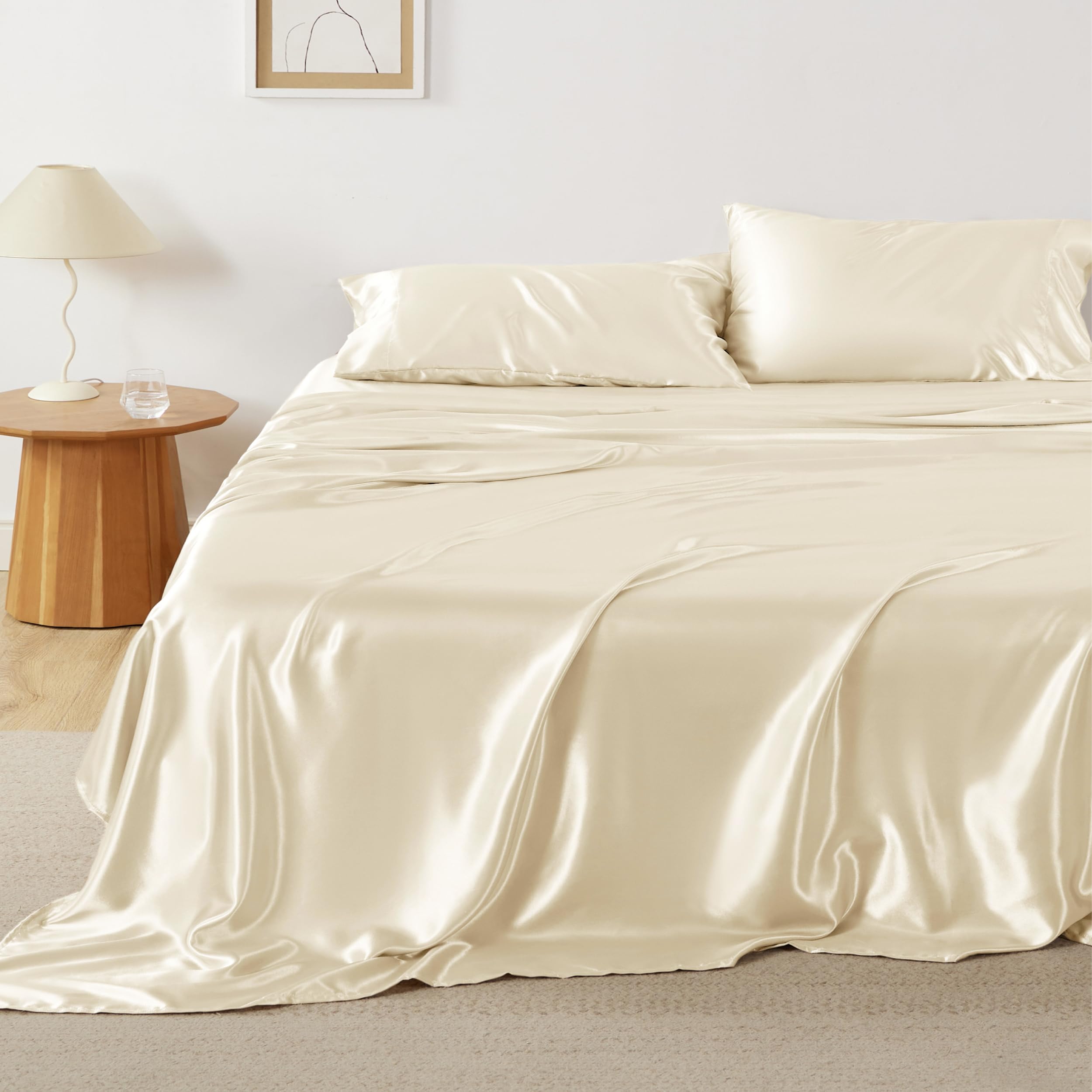 Photo 1 of Bedsure Satin Sheets King Size Bed Set - Luxury Silky Bed Sheet Set, Ultra Soft & Wrinkle Free, Good for Hair & Skin, Gifts for Women, 15 Inches Deep Pocket, 4-Piece (King, Cream)