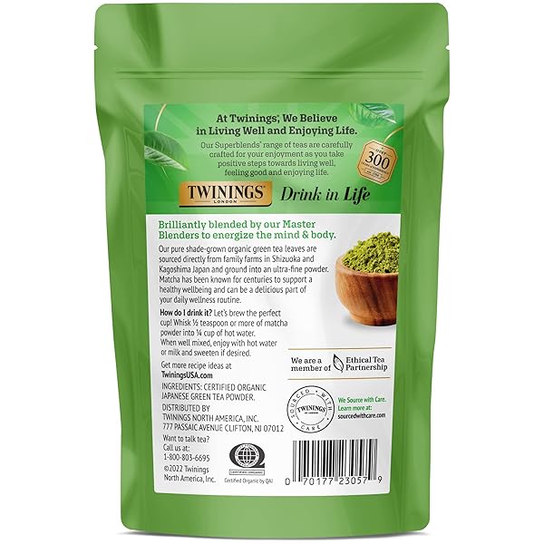 TWININGS ORGANIC JAPANESE MATCHA, PURE GROUND GREEN TEA POWDER CULINARY GRADE, 3.53 OUNCE/100G BAG, ENJOY HOT OR ICED