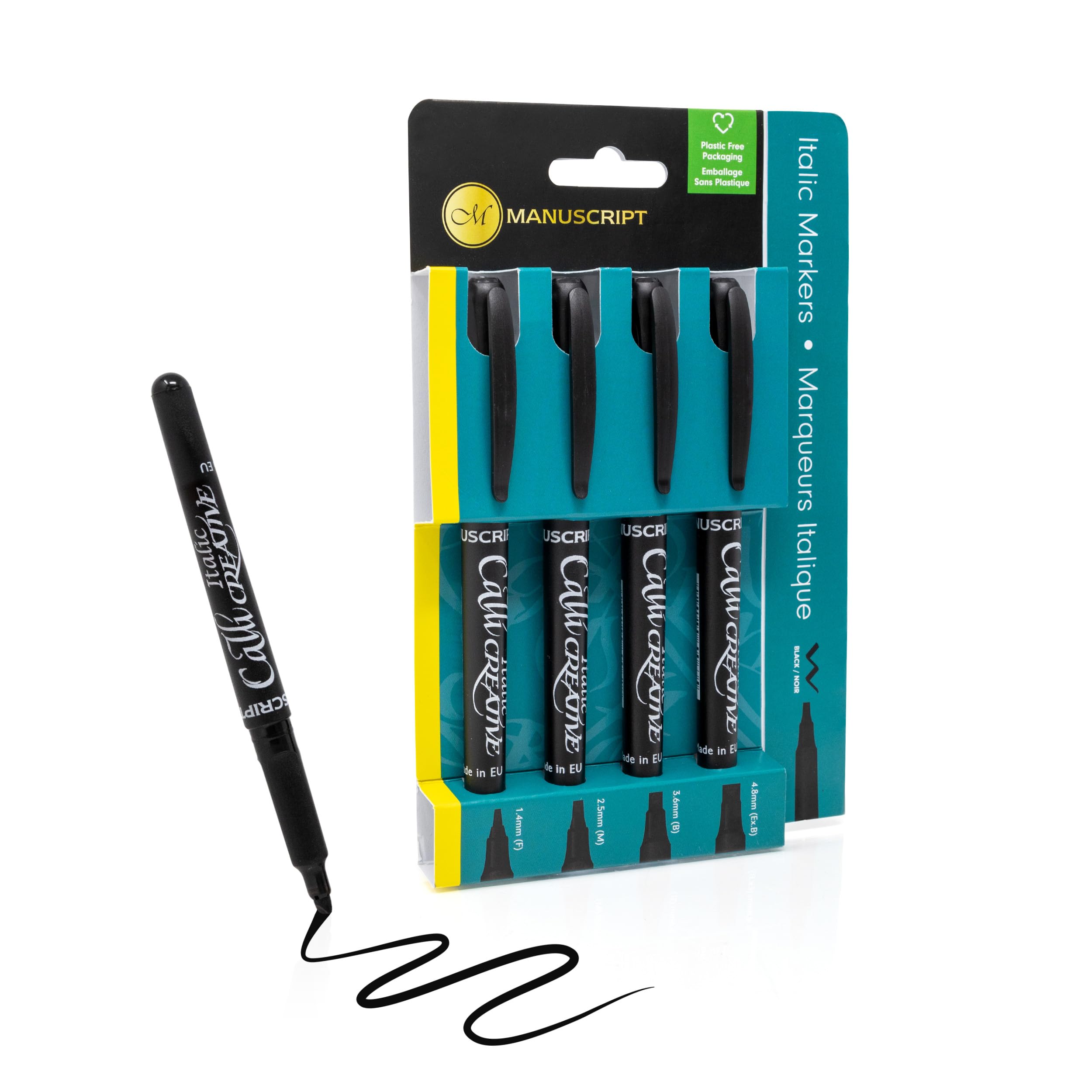 MANUSCRIPT Callicreative Italic Marker Pen | Black Permanent Markers, Perfect Calligraphy Pens | Set of 4 Fine, Medium, Broad & Extra Broad Chisel Tip Pens
