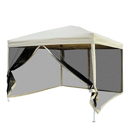 Outsunny Pavillon Faltzelt mit Seitenwänden inkl. Tragetasche, Stahl+Oxford, Beige, 3x3x2,55m Faltpavillon