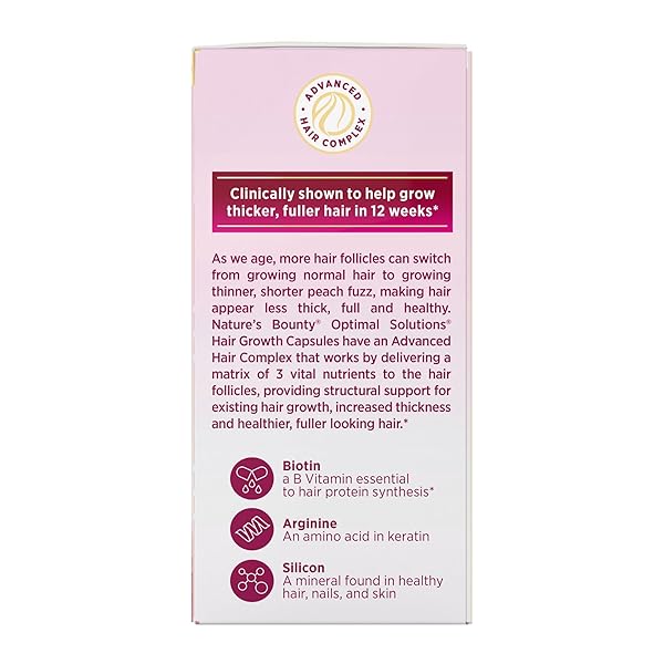 NATURE’S BOUNTY OPTIMAL SOLUTIONS HAIR GROWTH SUPPLEMENT WITH BIOTIN, HAIR GROWTH VITAMINS WITH BIOTIN SILICON & ARGININE, 1 PER DAY, 30 CAPSULES, ONE MONTH SUPPLY
