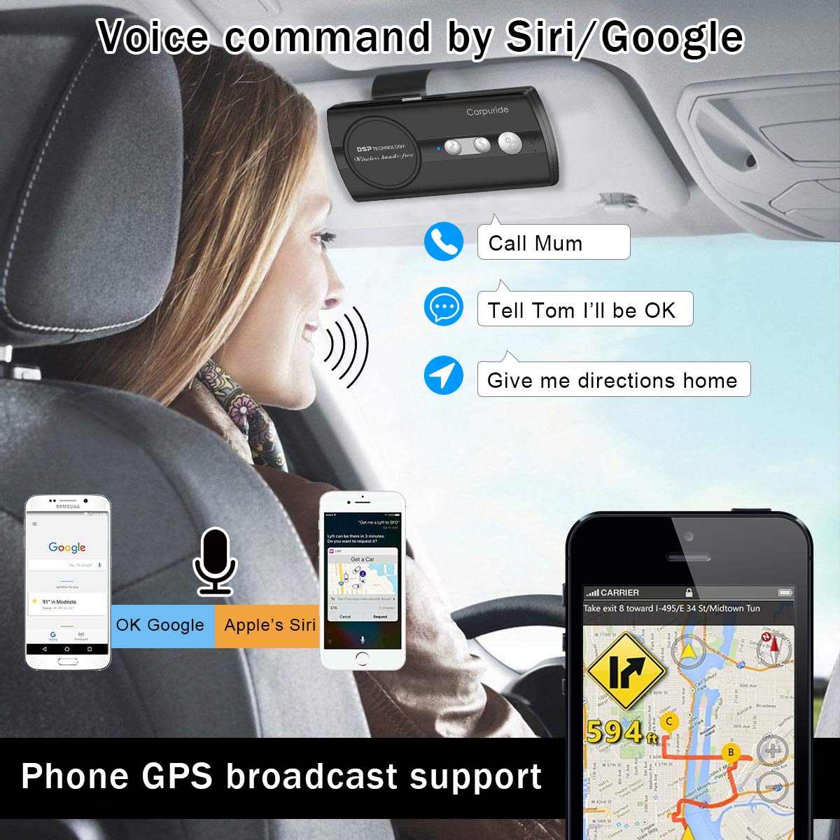 CARPURIDE Bluetooth Hands Free Car Kit Music Player GPS Support Siri