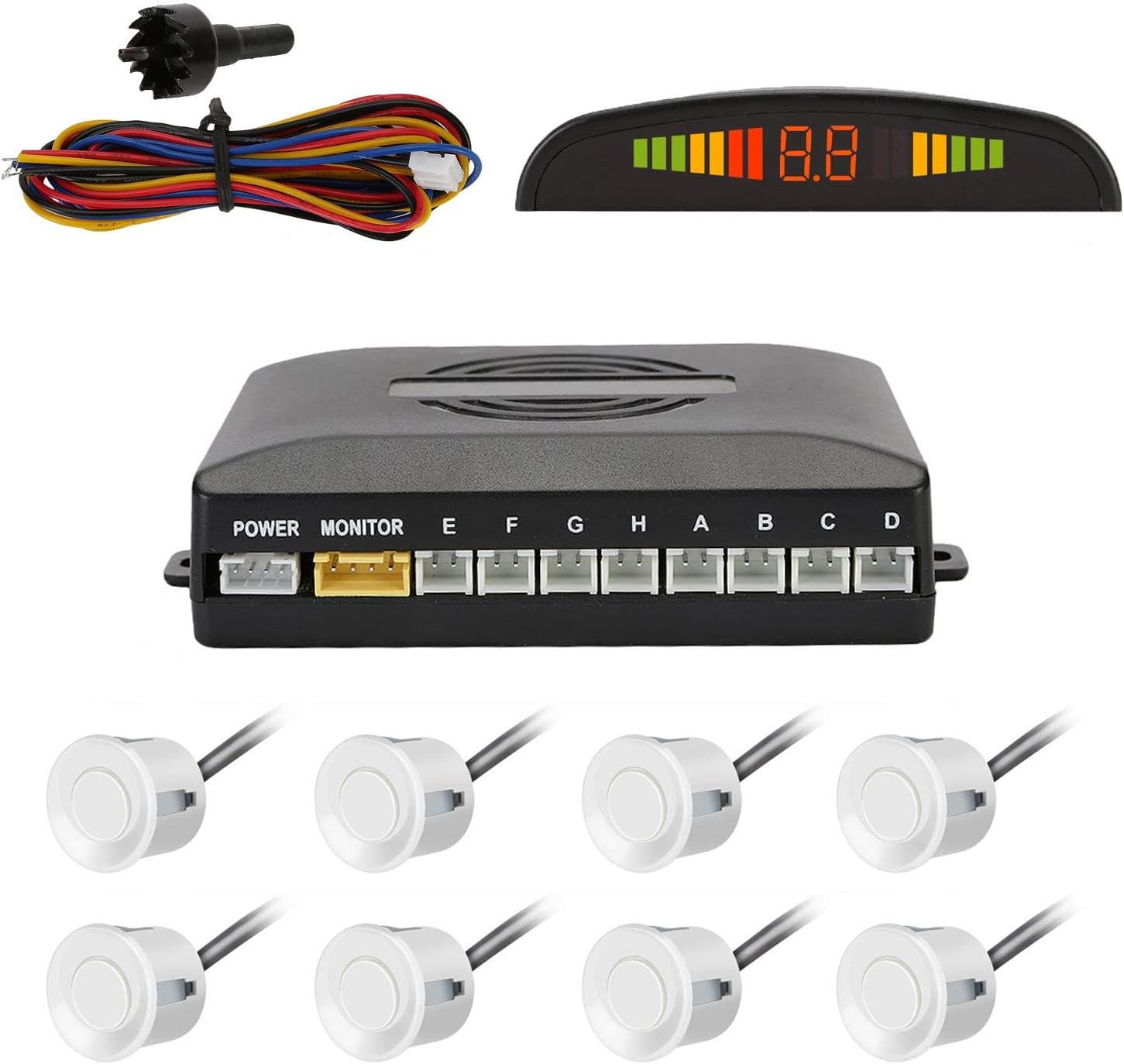 OSAN Car Reverse System Parking Sensor Backup Radar Sound Alert LED Display 8 Sensors (8 Parking Sensors, White)