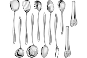 304 Stainless Steel Kitchen Utensils Set, 11 Pcs Long Metal Cooking Utensil Gadgets Tools Set with Spatula, Spoon, Ladle, Ski