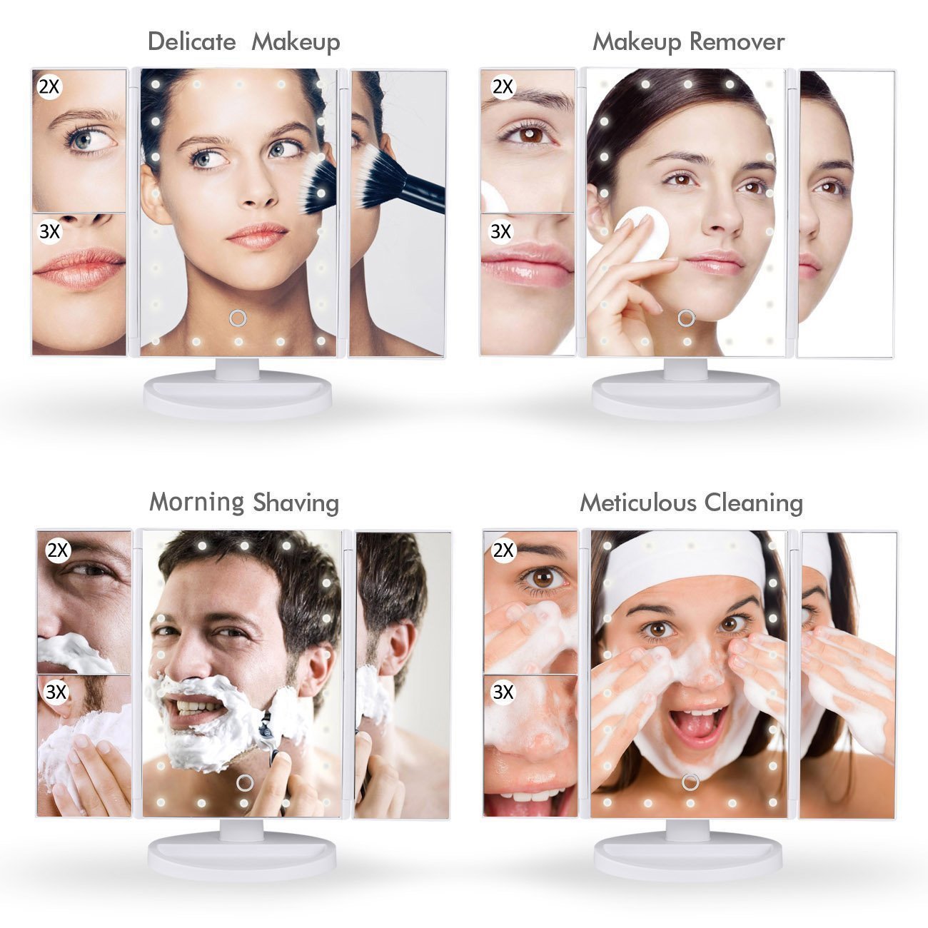 Specchio per il Trucco a Tre Ante,con illuminazione LED,touch-screen, ricaricabile con USB, con 22 luci LED naturali, regolabile a 180°, per il trucco, ripiegabile, con illuminazione- Bianco