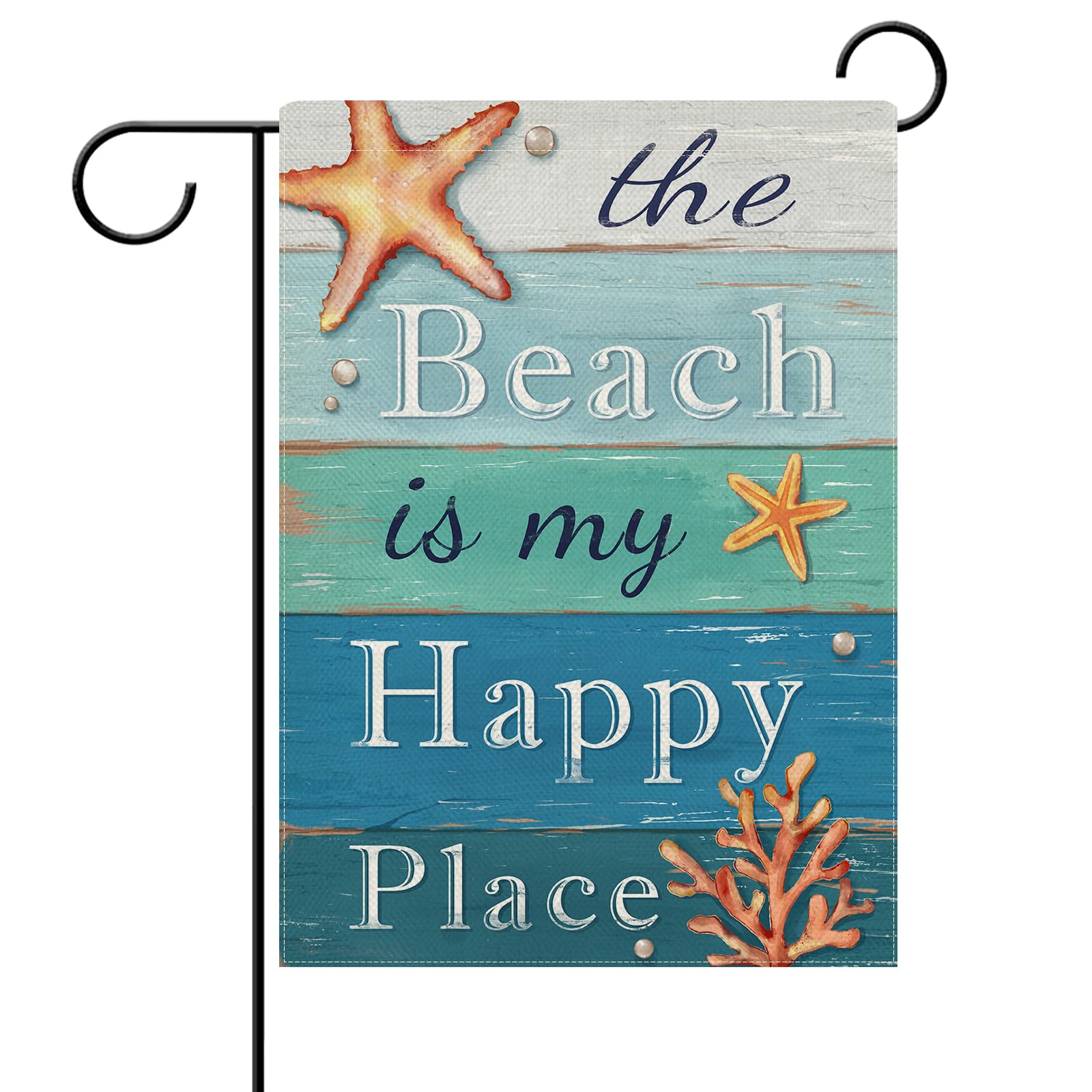 Dyrenson Decorative Quote The Beach is My Happy Place Outdoor Garden Flag Double Sided, Tropical Ocean House Yard Flag, Rustic Coastal Garden Yard Decorations, Home Seasonal Outdoor Flag 12.5 x 18
