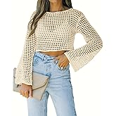 Womens Crochet Crop Top Long Sleeve See Through Hollow Out Mesh Knitted Beach Bikini Cover Ups