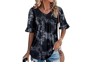 onlypuff Womens 3/4 Sleeve Tunic Tops Ruffle Blouse for Leggings Summer Shirts S-3XL