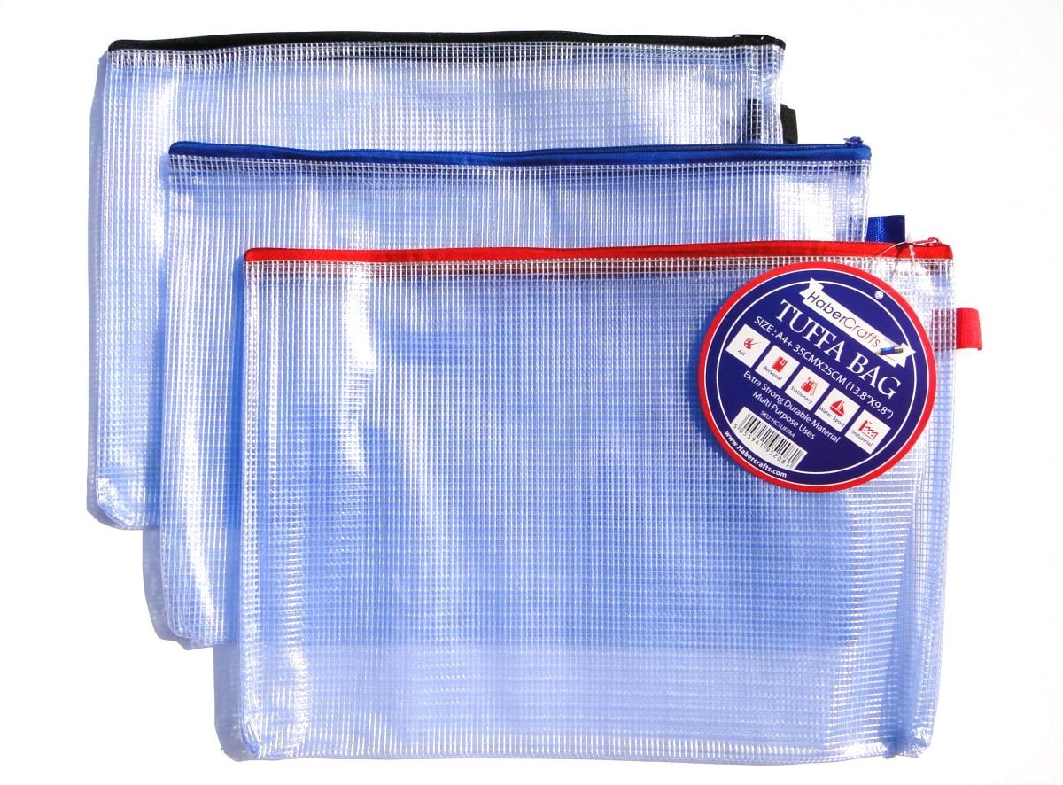 A4 Tuff Bag Zip Wallet Clear Plastic Wallets Zipped Pouch File Pencil Case Folder Water Resistant Reinforced Heavy Duty Mesh Bags (Fits A4-12 Pack)