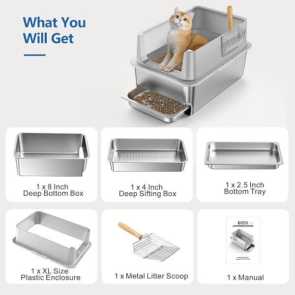 23.6X16X14” SIFTING LITTER BOX WITH DRAWERS, STAINLESS STEEL DRAWER LITTER BOX WITH 6” LID & METAL SCOOP, XL CAT LITTER TRAY, ODOR-CONTROL & SAVES CLEAN TIME, FITS MOST CATS