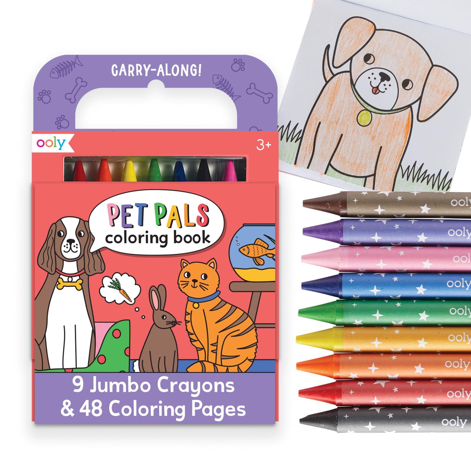 Ooly Travel Art Kit with 9 Jumbo Crayons & 48 Themed Coloring Pages & Case for Easy Traveling Art Creation, Perfect Airplane Travel Set to Entertain Kids - Pet Pals