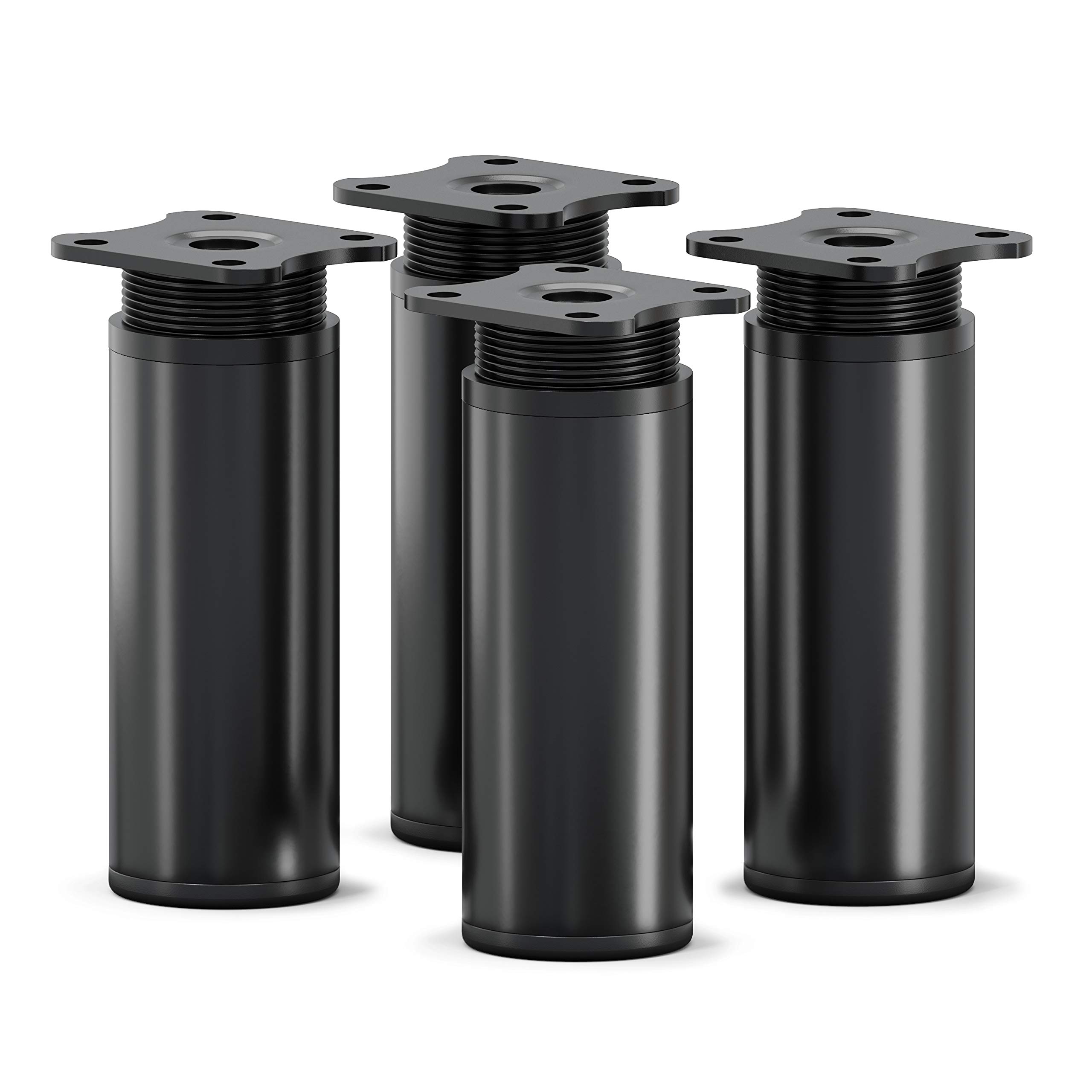sossai® MFR1 design furniture feet, height adjustable, set of 4, round profile, diameter 40 mm, colour: black matt, height: 100 mm (+20 mm), material: aluminium, wood screws included