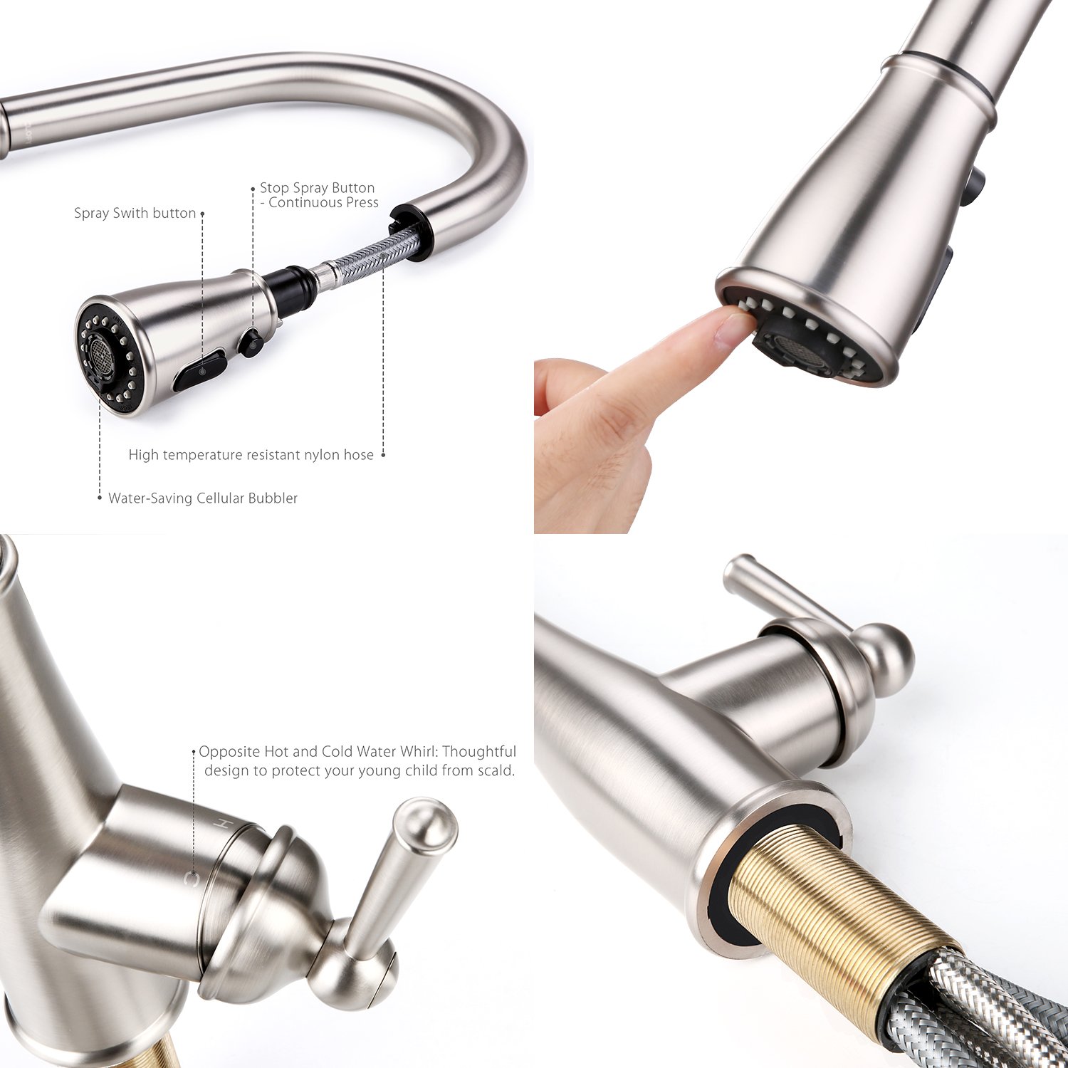 CLOFY Kitchen Sink Faucet - 3 Function Spray Single Handle High Arc Brushed Nickel Pull out Kitchen Faucet, Kitchen Sink Faucets with Pull down Sprayer