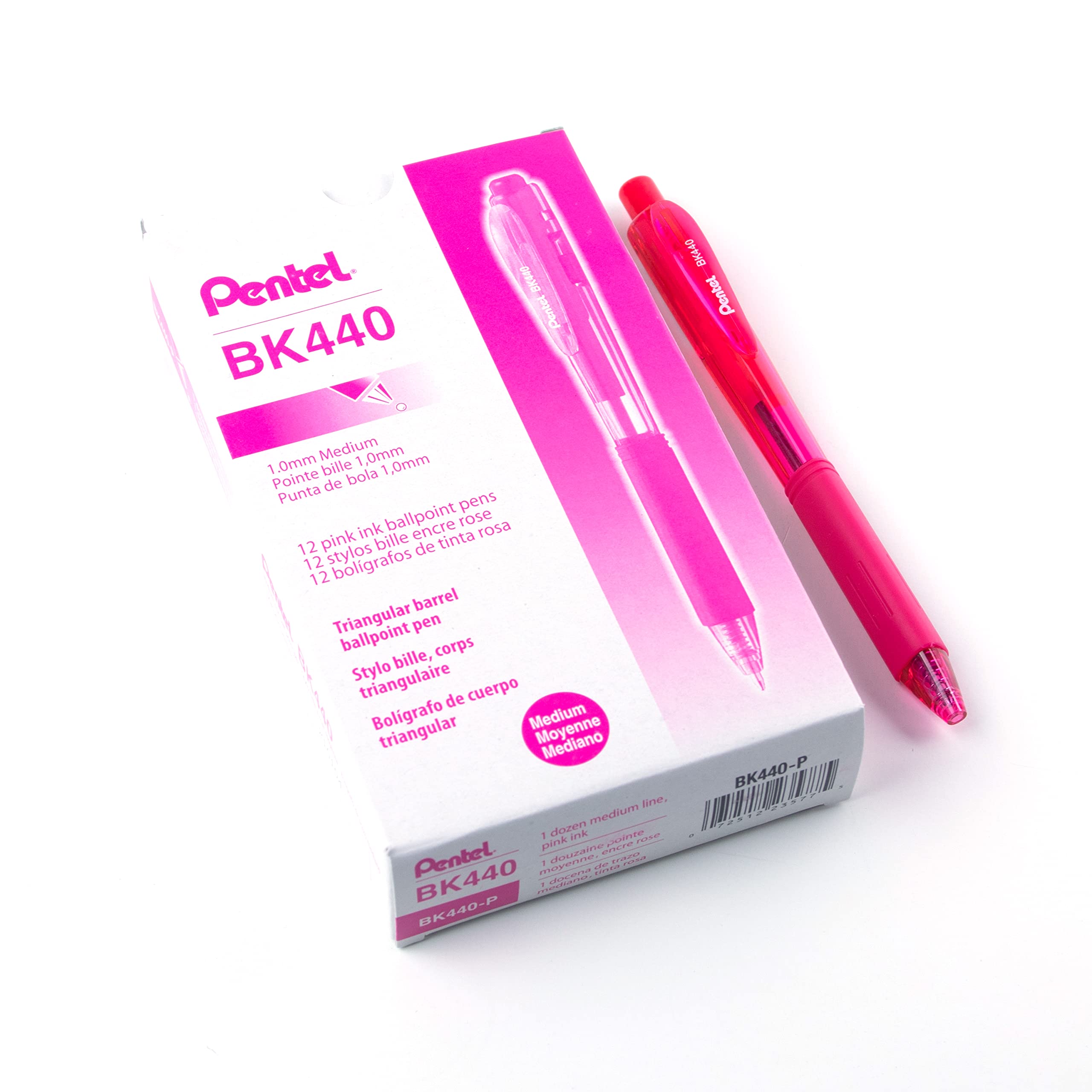 Pentel BK440 Retractable Ballpoint Pen and Ergonomic Triangular Grip Zone Pack of 12 Pink