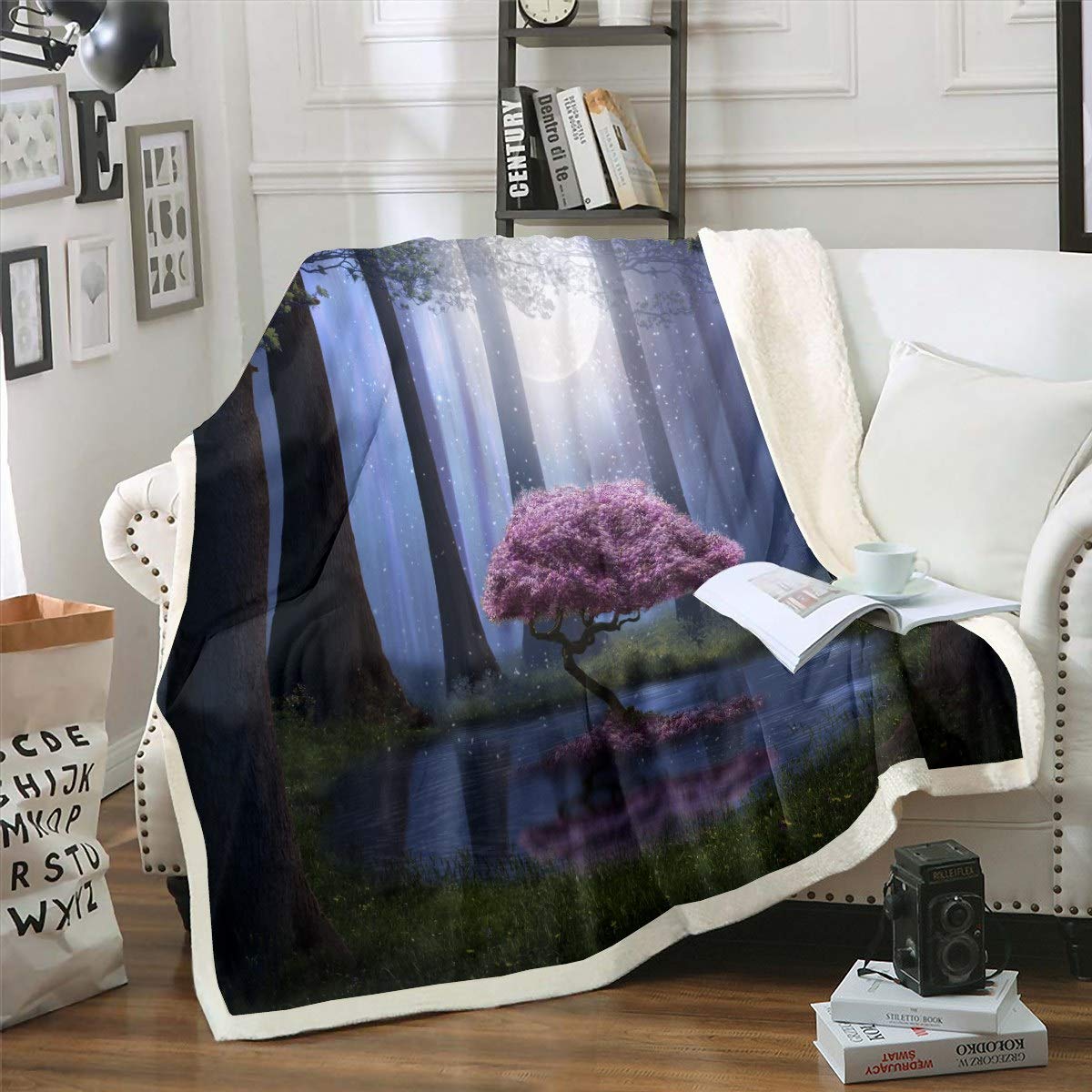 Loussiesd Tree Print Fleece Blanket Forest Tree Sherpa Throw Blanket for Sofa Couch Adult Natural Scenery Plush Blanket Dreamy Woodland Scene Fuzzy Blanket Room Decor Single 50"x60"