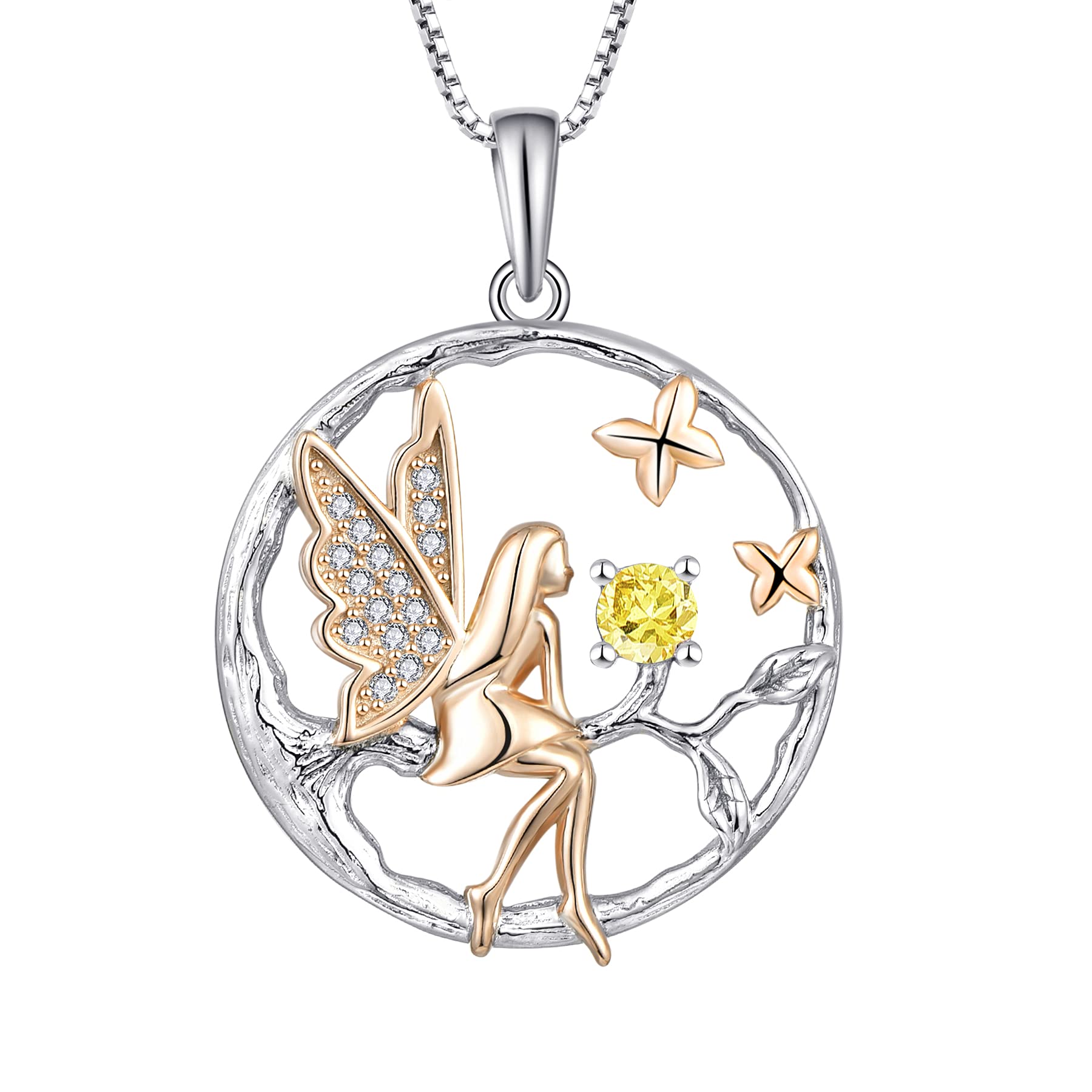 FJ Guardian Angel Necklace 925 Sterling Silver Tree of Life Necklace Fairy Pendant November Birthstone Citrine Jewellery for Women — image 1