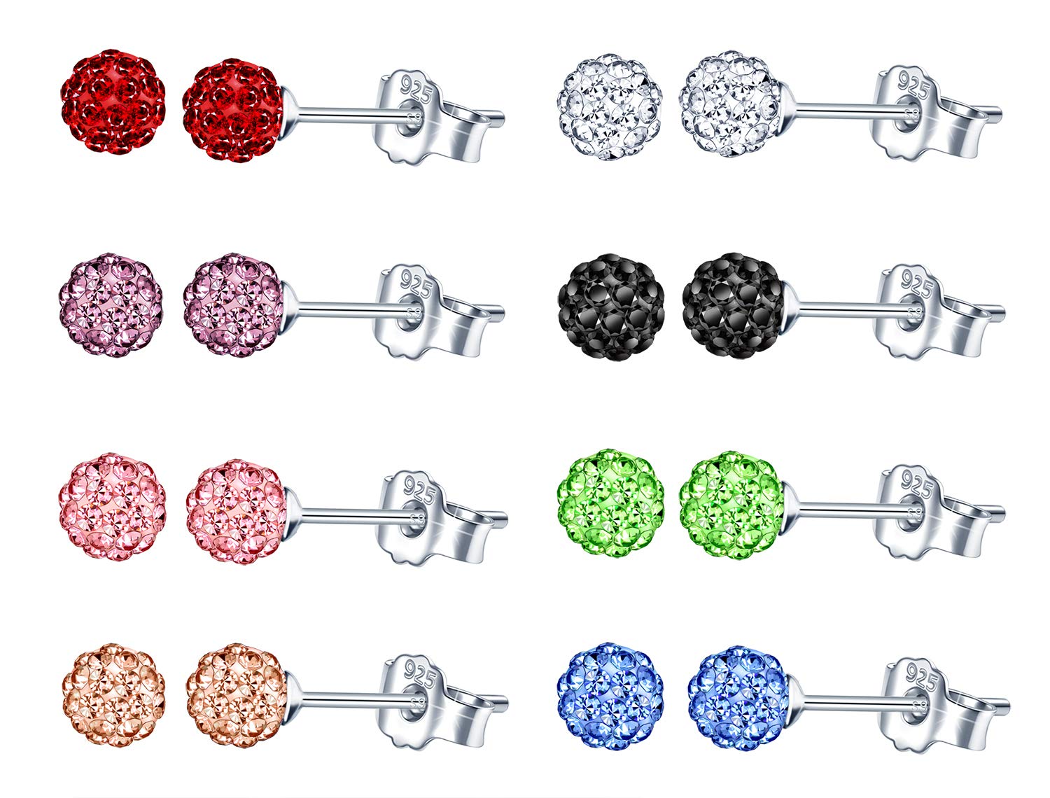 8 Pairs Women Silver Earrings Brilliant Crystal Disco Ball Studs Set