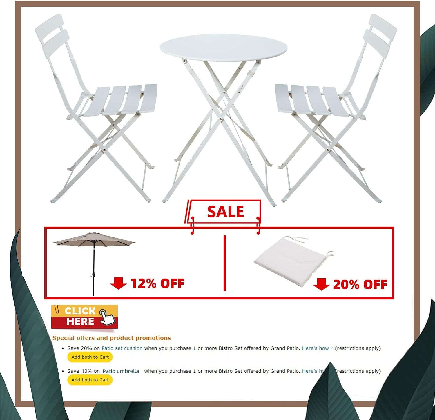 Grand patio Premium Steel Patio Bistro Set, Folding Outdoor Patio Furniture Sets, 3 Piece Patio Set of Foldable Patio Table and Chairs, White : Garden & Outdoor