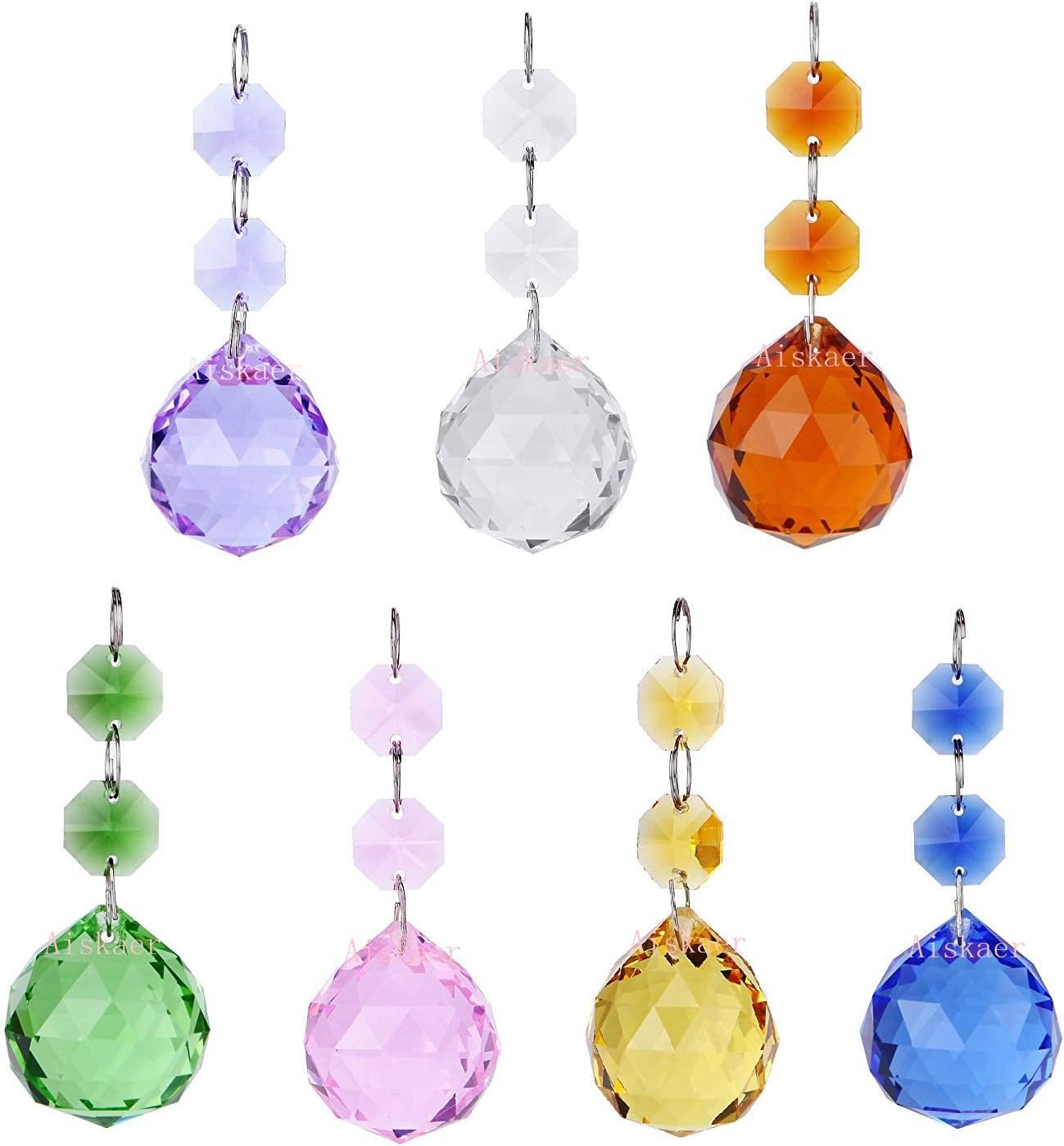 Aiskaer 1.2 Inch 7Pcs Colorful Crystal Ornament Ball Drop Suncatcher Window Prisms,Chandelier Decor Hanging Prism Ornaments,Feng Shui Faceted Ball,golden Yellow,green,blue,purple,pink,dark Brown,clear