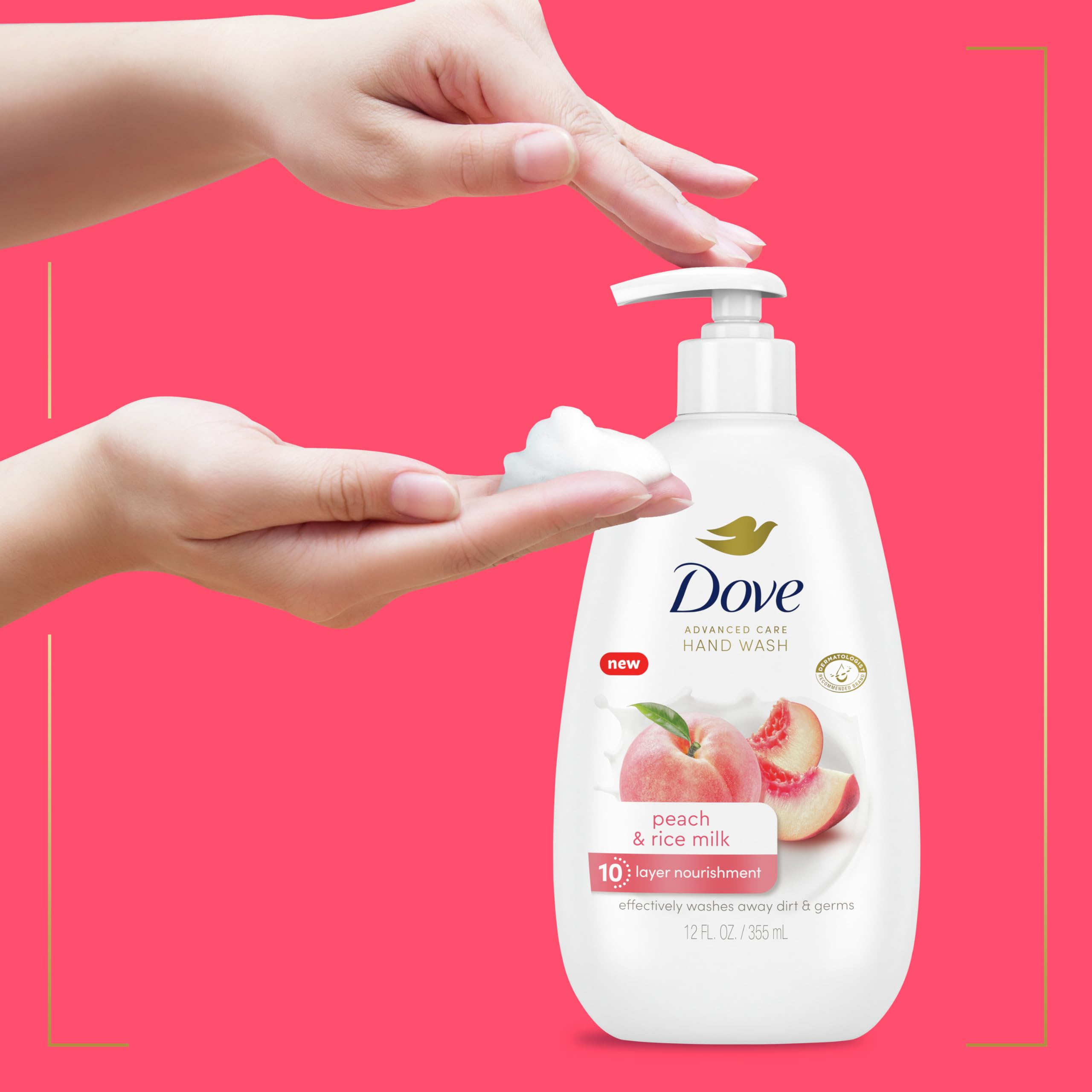 Dove Advanced Care Hand Wash Peach & Rice Milk 4 Count for Washing Away Dirt & Germs While Nourishing Skin 10 Layers Deep, with Moisture Boost 5X Complex