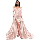Zeeyecie V-Neck Satin Prom Dresses with Slit 3D Flower Beaded Sequin Sparkly Mermaid Long Evening Formal Ball Gowns