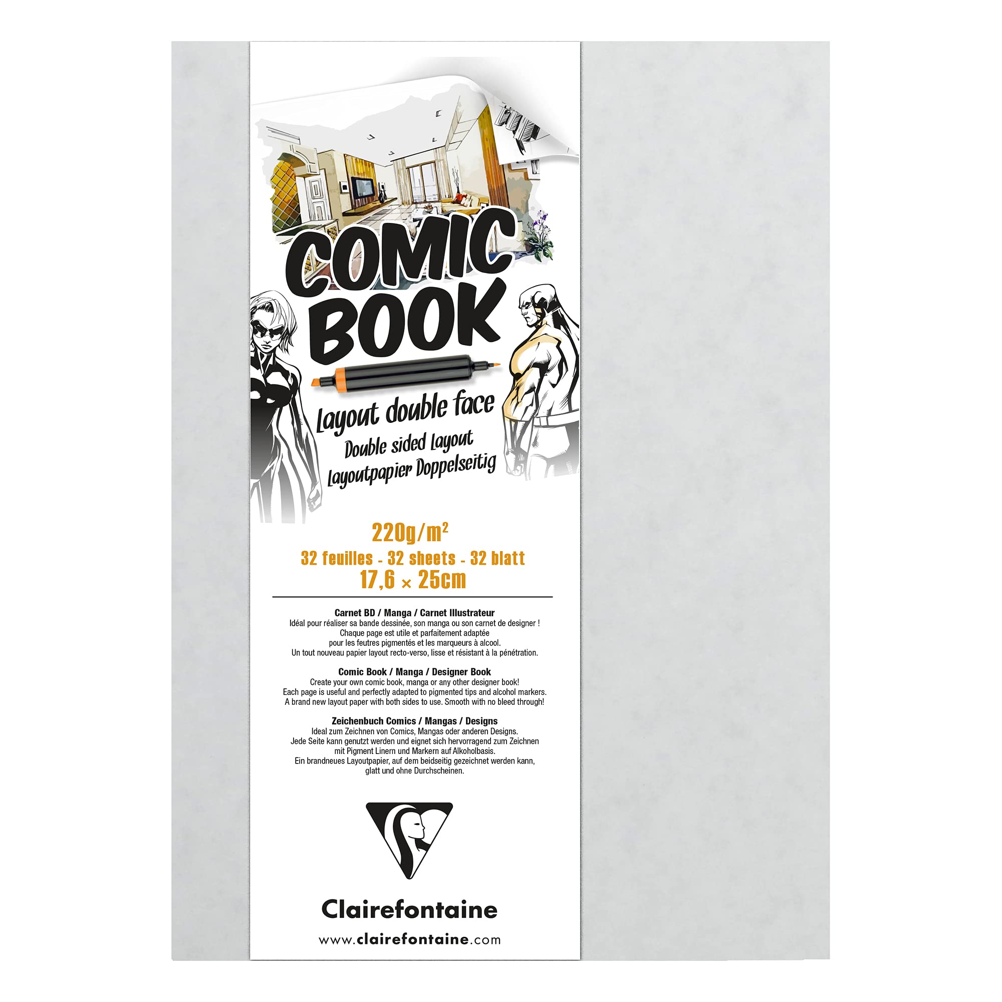 Clairefontaine - Ref 975197C - Double Sided Manga & Cartoon Layout Paper Book (32 Sheets) - 17.6 x 25cm in Size, 220gsm Heavyweight Smooth Paper - Suitable for Use with Alcohol Markers