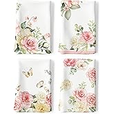 Arquiel 4Pcs Watercolor Flower Kitchen Tea Towels 100% Cotton Pink Floral Butterfly Hand Towels Multiple Uses Quick Dry Dish Cloth for Table, Kitchen Decor, Housewarming Gifts