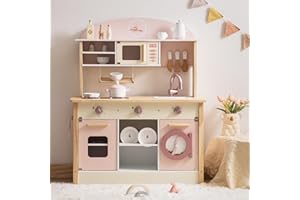 ROBOTIME Wooden Play Kitchen Set, Pretend Play Kitchen Set for Kids with Realistic Design, Kids & Toddlers Kitchen Playset with Dishwasher, Toy Kitchen Set for Boys and Girls Ages 3+ (Pink)